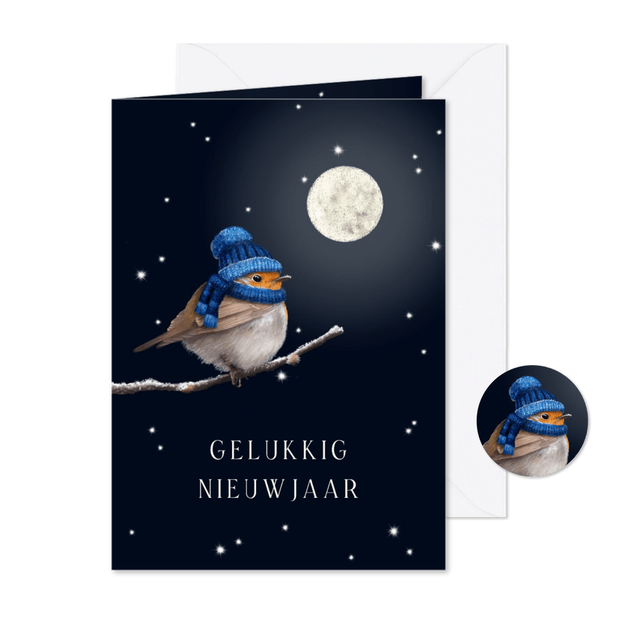 Nieuwjaarskaart roodborst volle maan - Kaartimpressie