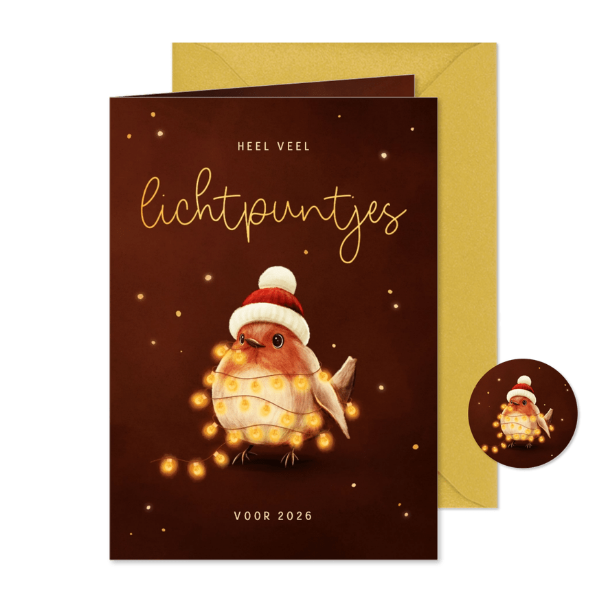 Nieuwjaarskaart roodborstje met lampjes lichtpuntjes - Kaartimpressie