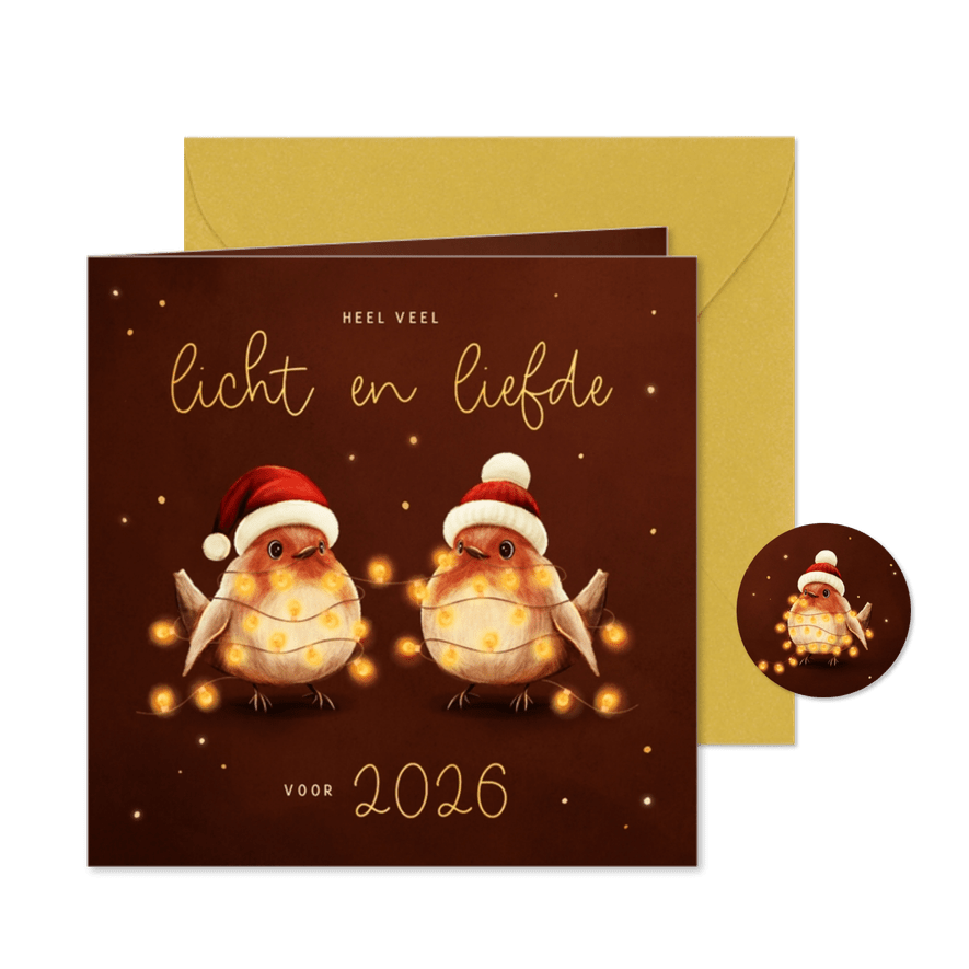 Nieuwjaarskaart roodborstjes met lampjes licht en liefde - Kaartimpressie