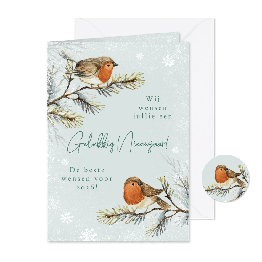 Nieuwjaarskaart roodborstjes natuurlijk illustratie sneeuw - Kaartimpressie