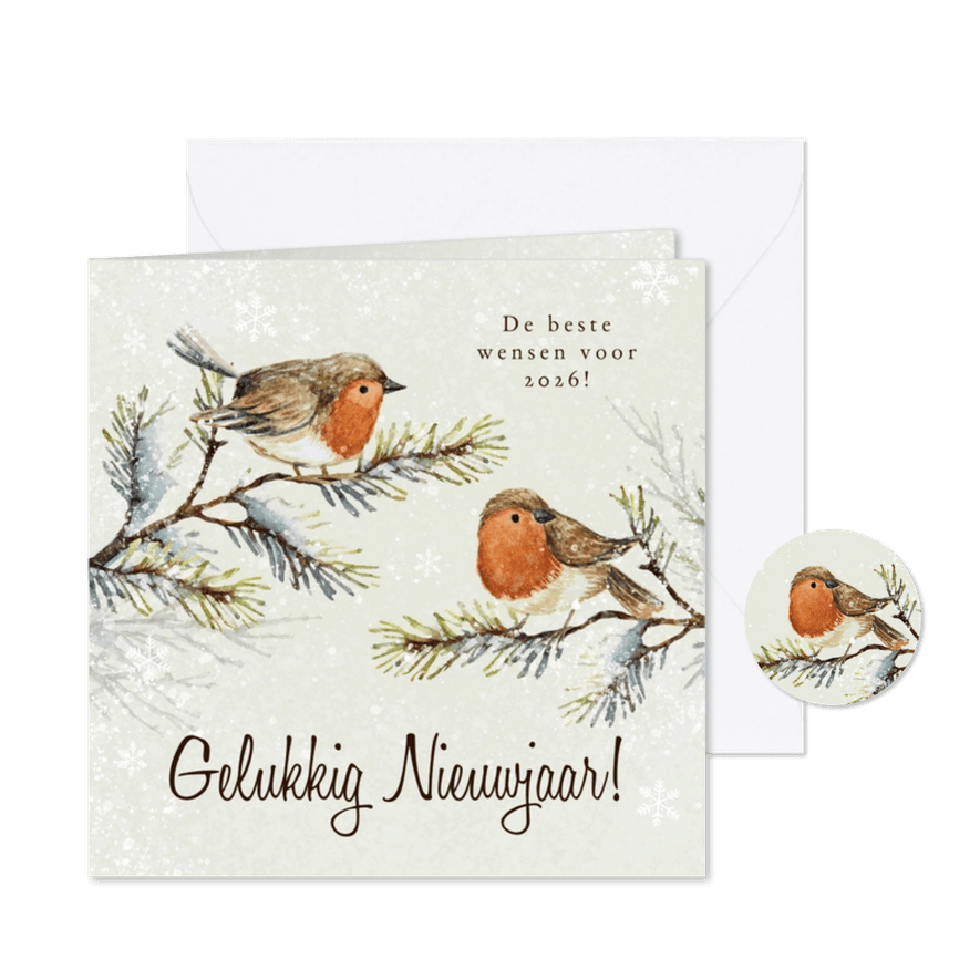 Nieuwjaarskaart roodborstjes sneeuw natuurlijk waterverf - Kaartimpressie