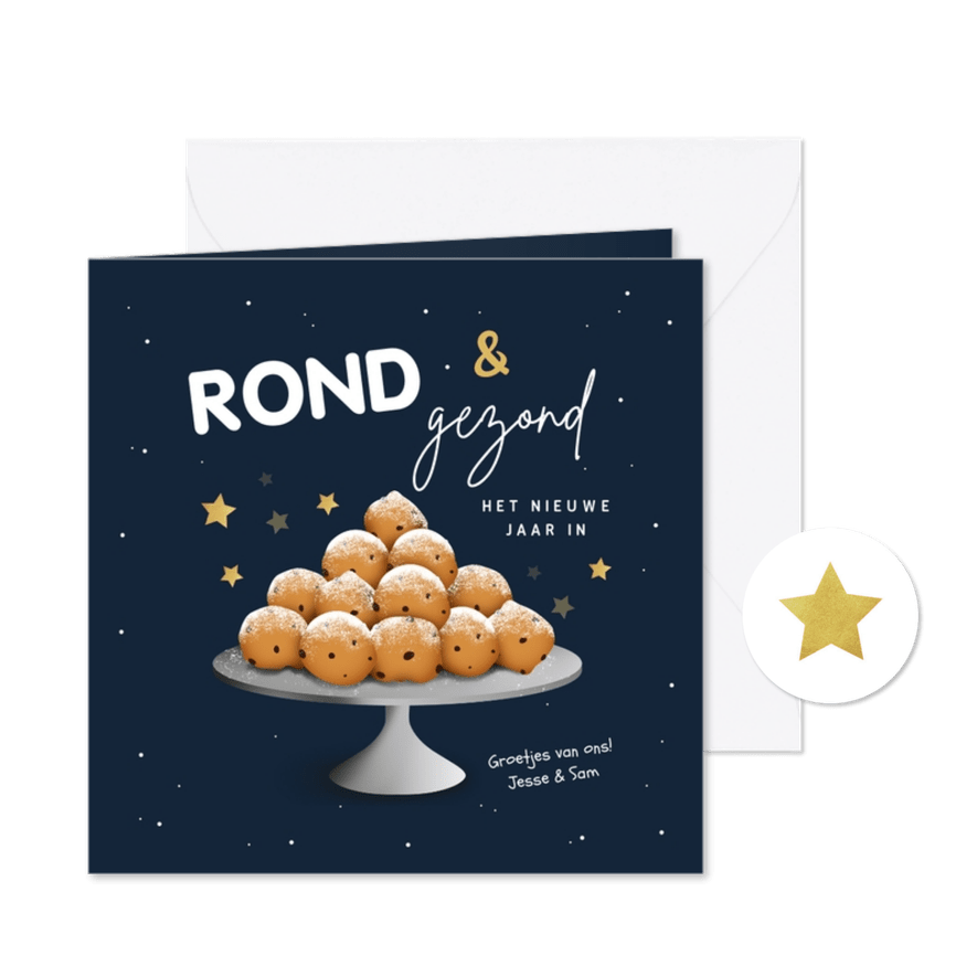 Nieuwjaarskaart schaal met oliebollen sterren foto - Kaartimpressie