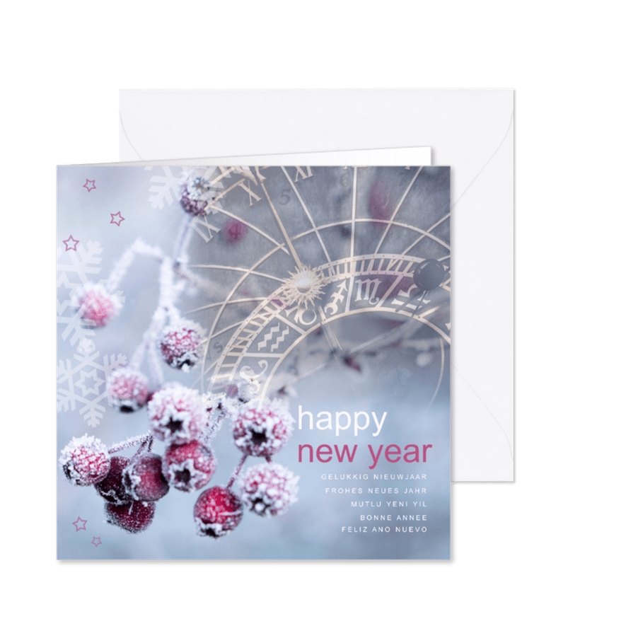 Nieuwjaarskaart sneeuwbessen en klok - Kaartimpressie