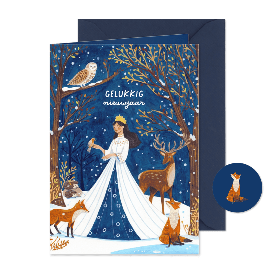 Nieuwjaarskaart sneeuwkoningin in het dieren bos - Kaartimpressie