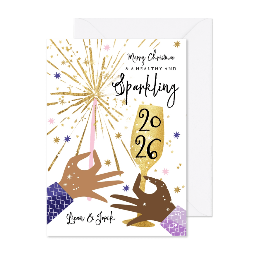 Nieuwjaarskaart 'Sparkling 2026' vuurwerk goud handen ster - Kaartimpressie