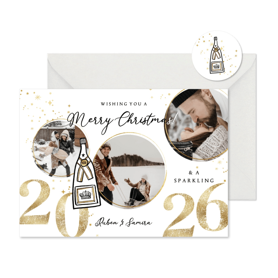 Nieuwjaarskaart 'Sparkling New Year' champagne collage goud - Kaartimpressie
