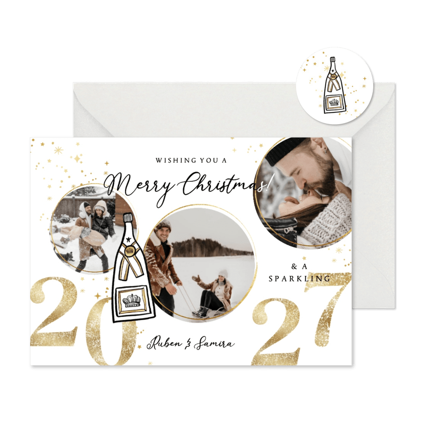 Nieuwjaarskaart 'Sparkling New Year' champagne collage goud  - Kaartimpressie
