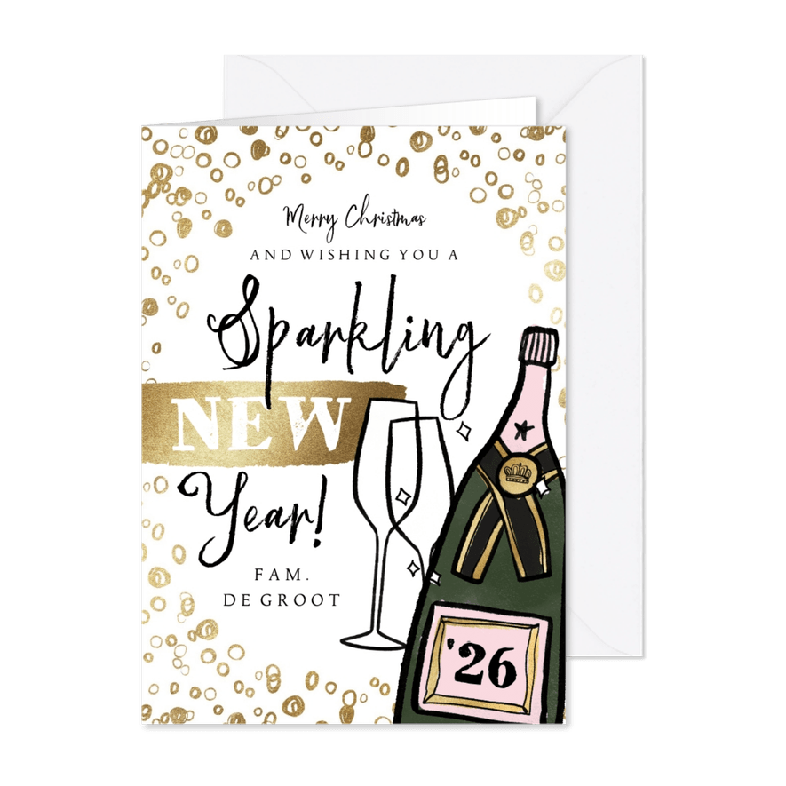 Nieuwjaarskaart 'Sparkling New Year' champagnefles goud - Kaartimpressie