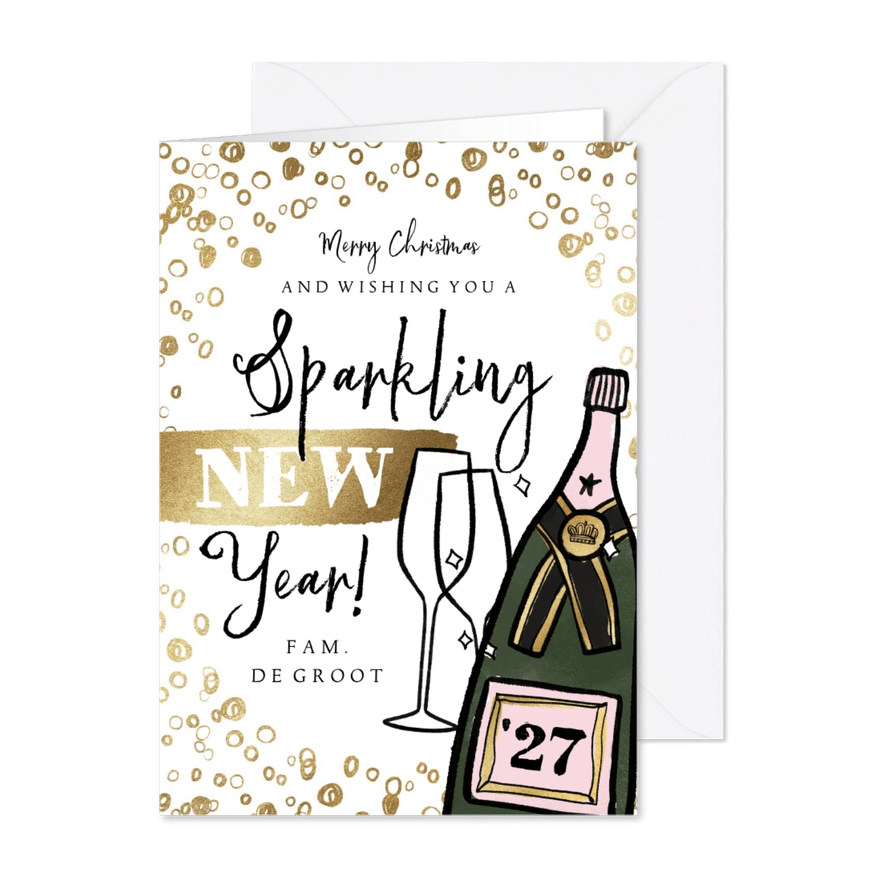 Nieuwjaarskaart 'Sparkling New Year' champagnefles goud - Kaartimpressie