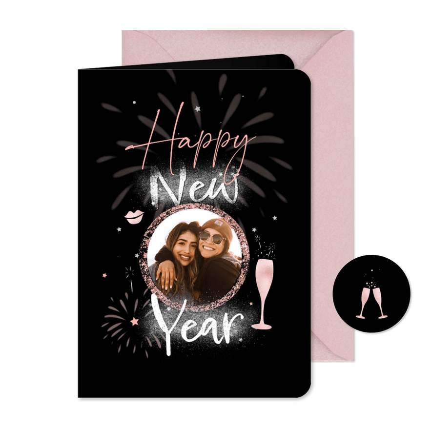 Nieuwjaarskaart sparkling pink met eigen foto en vuurwerk - Kaartimpressie