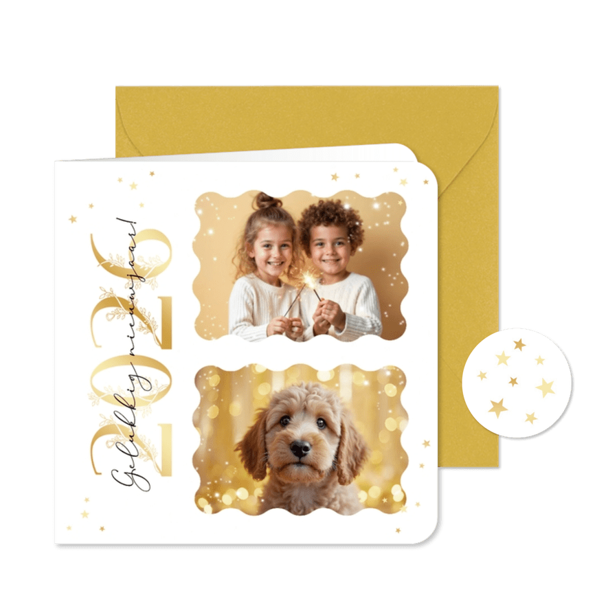 Nieuwjaarskaart sprankelend 2026 goud sterren foto's - Kaartimpressie