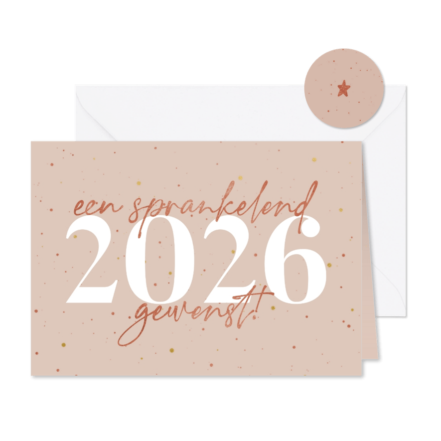 Nieuwjaarskaart sprankelend 2026 koperlook - Kaartimpressie