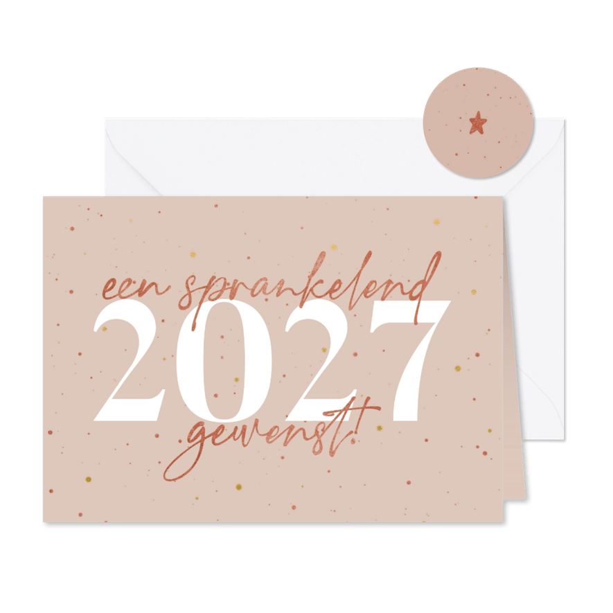 Nieuwjaarskaart sprankelend 2027 koperlook - Kaartimpressie