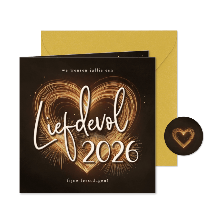 Nieuwjaarskaart sprankelend hart liefdevol 2026 vuurwerk - Kaartimpressie