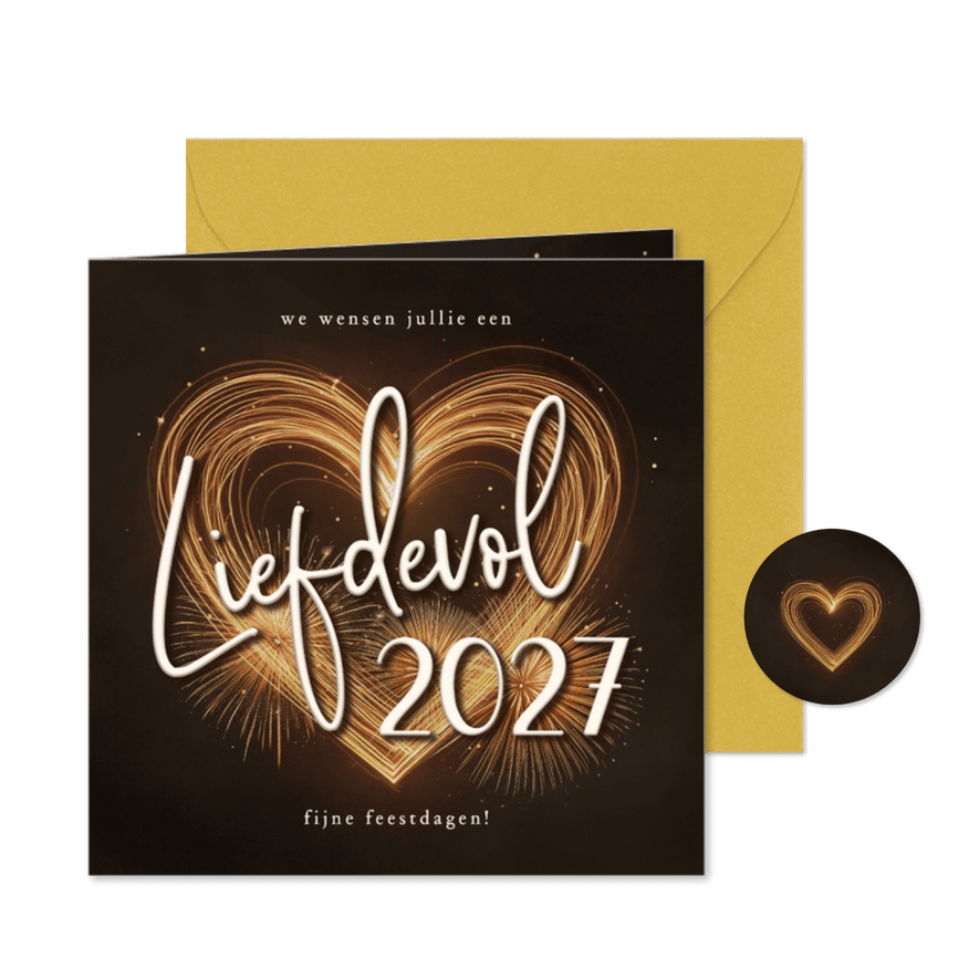 Nieuwjaarskaart sprankelend hart liefdevol 2027 vuurwerk - Kaartimpressie