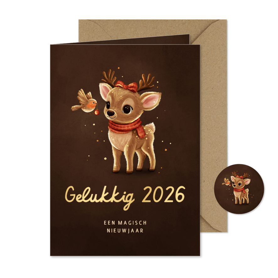 Nieuwjaarskaart sprankelend hert met roodborstje  - Kaartimpressie