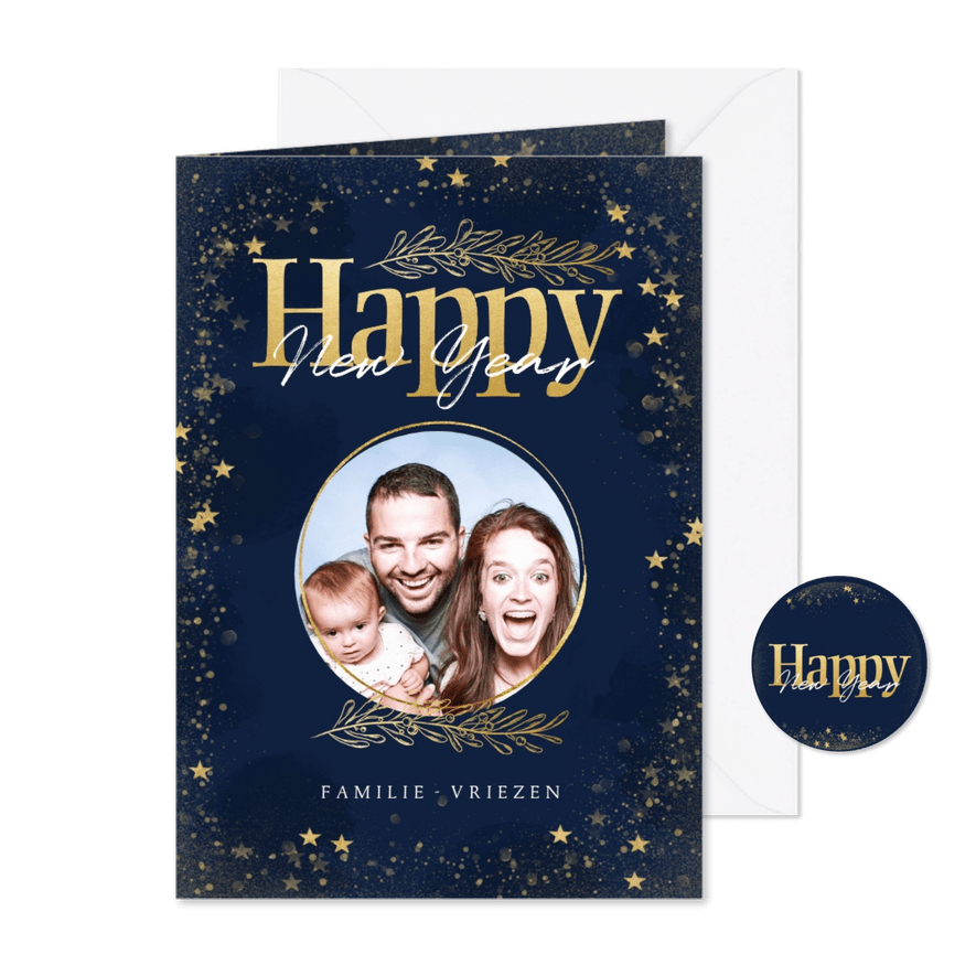 Nieuwjaarskaart staand gouden sterren - Happy New Year - Kaartimpressie