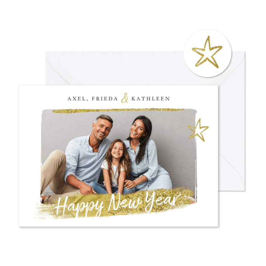 Nieuwjaarskaart ster goud foto happy new year - Kaartimpressie