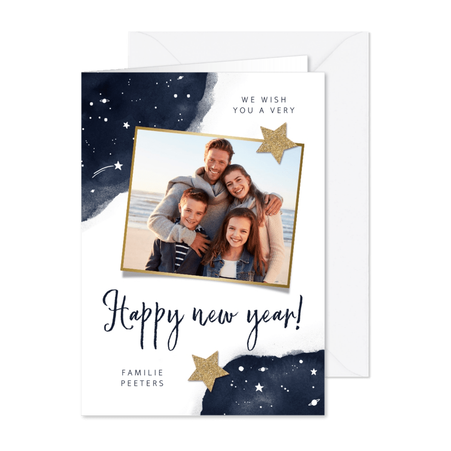 Nieuwjaarskaart sterren fotocollage goud waterverf - Kaartimpressie