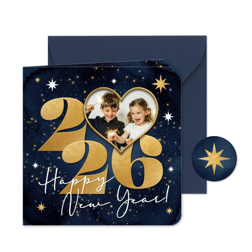Nieuwjaarskaart sterren goud 2026 foto vuurwerk hart - Kaartimpressie