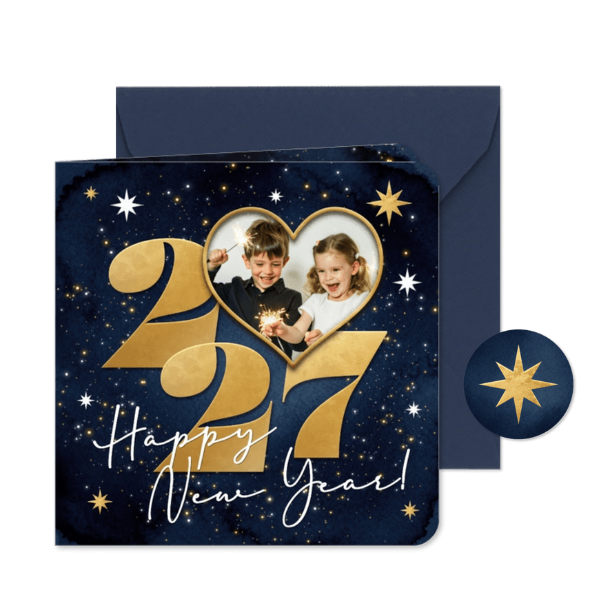 Nieuwjaarskaart sterren goud 2027 foto vuurwerk hart - Kaartimpressie