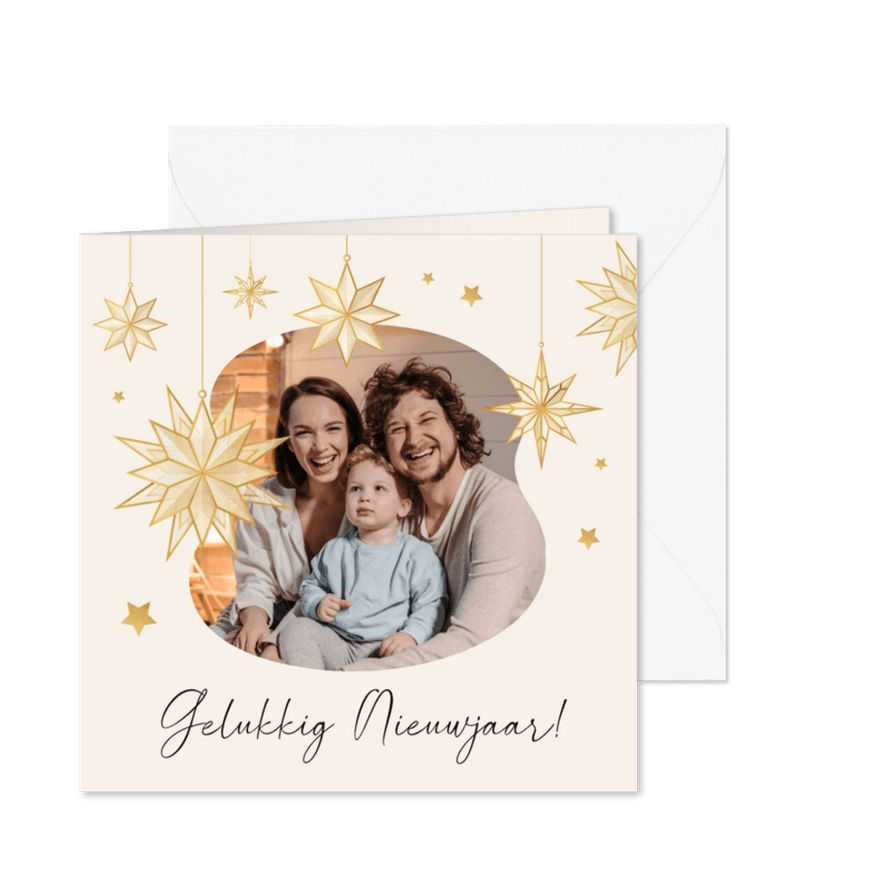 Nieuwjaarskaart sterren goudlook met foto - Kaartimpressie