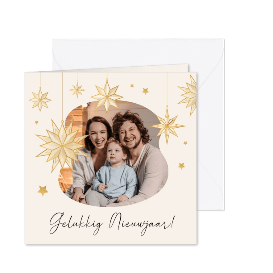 Nieuwjaarskaart sterren goudlook met foto - Kaartimpressie