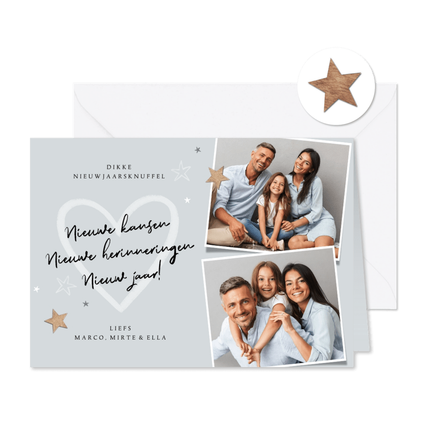 Nieuwjaarskaart sterren hout liefde fotos - Kaartimpressie