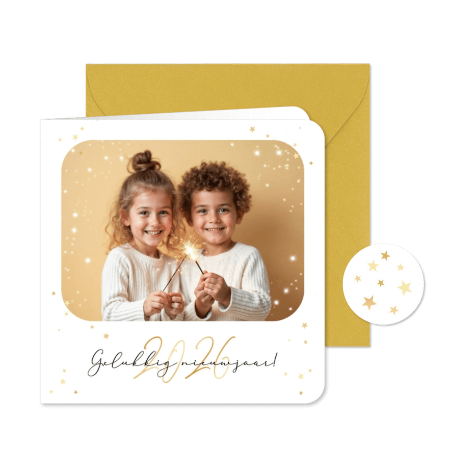 Nieuwjaarskaart sterretjes sprankelend foto goud 2026 - Kaartimpressie