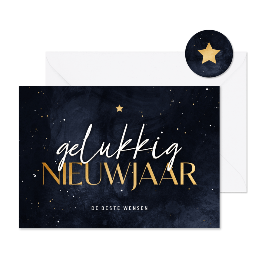Nieuwjaarskaart stijlvol blauw gelukkig nieuwjaar met ster - Kaartimpressie