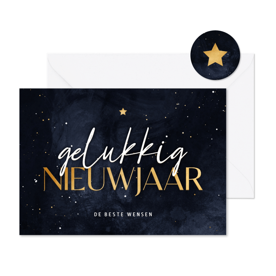 Nieuwjaarskaart stijlvol blauw gelukkig nieuwjaar met ster - Kaartimpressie