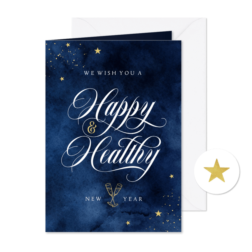 Nieuwjaarskaart stijlvol happy and healthy 2026 corona - Kaartimpressie