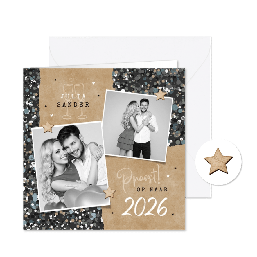 Nieuwjaarskaart stijlvol kraft papier sterren champagne - Kaartimpressie