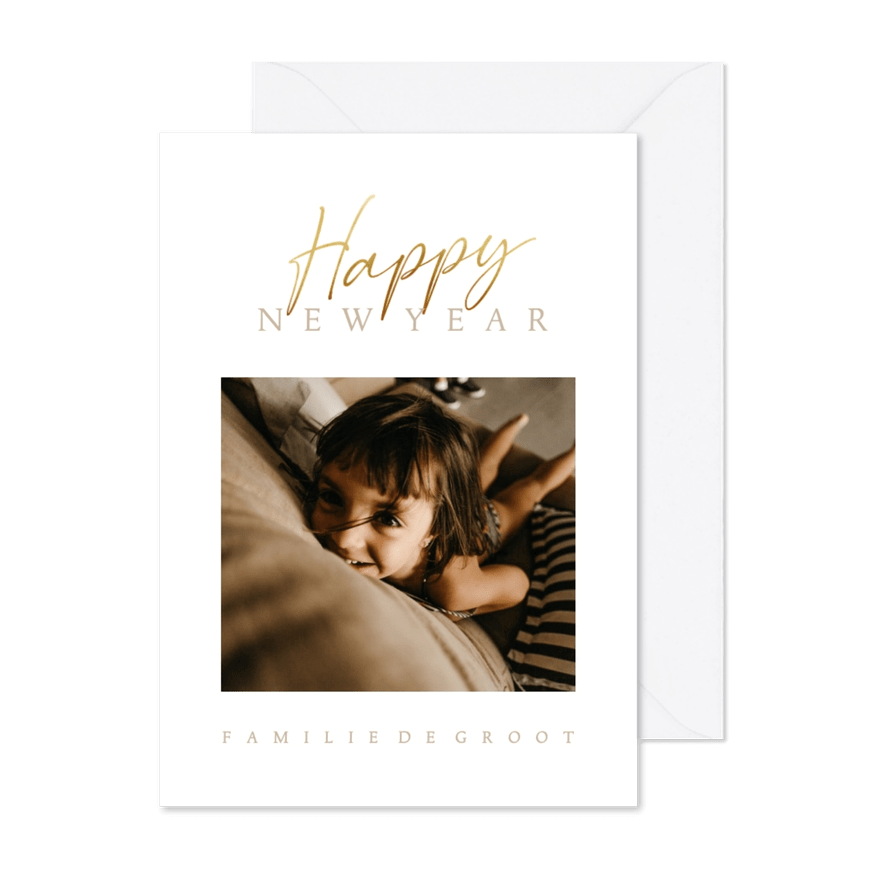 Nieuwjaarskaart stijlvol met foto en gouden tekst - Kaartimpressie