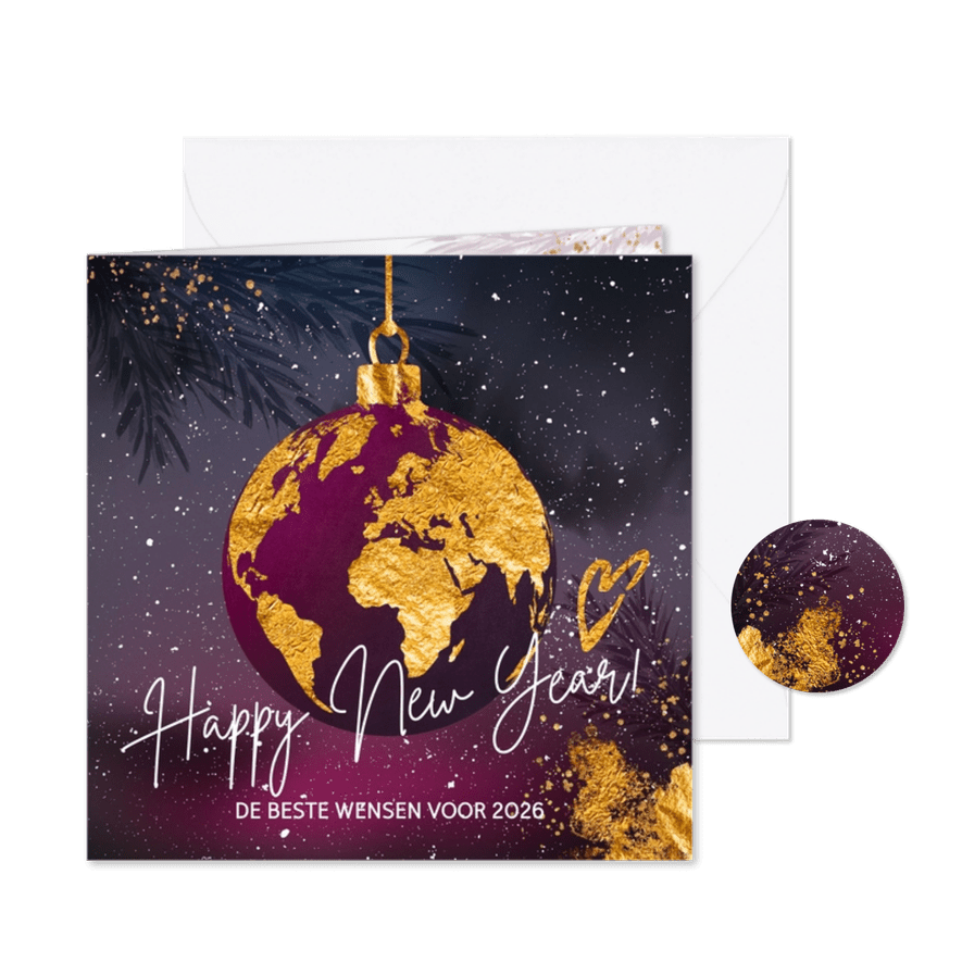 Nieuwjaarskaart stijlvolle kerstbal wereldbol paars - Kaartimpressie