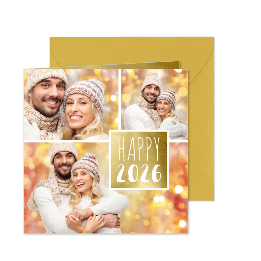 Nieuwjaarskaart trendy fotocollage  goud - Kaartimpressie