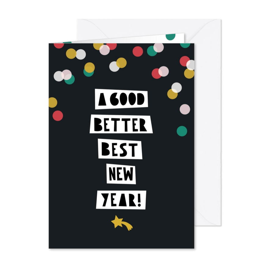 Nieuwjaarskaart typografie internationaal confetti - Kaartimpressie