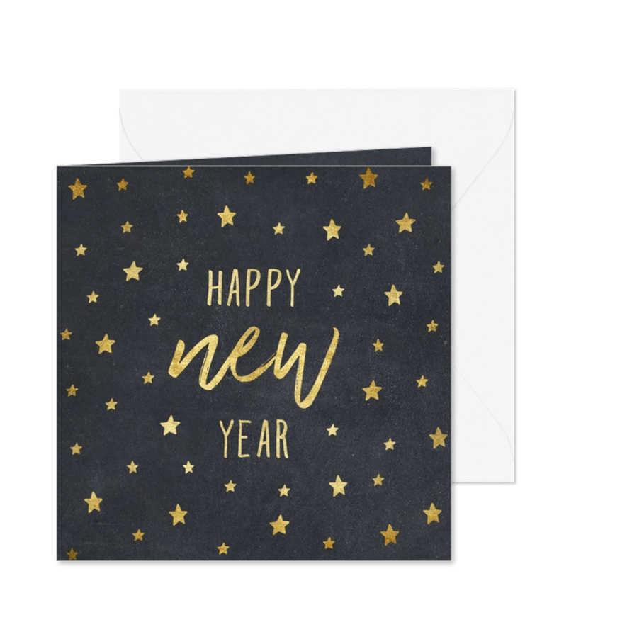 Nieuwjaarskaart typografie met sterren goud - Kaartimpressie