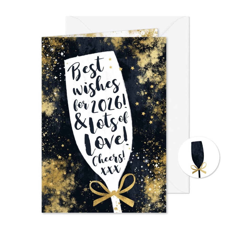 Nieuwjaarskaart typografisch champagneglas goud sterren - Kaartimpressie