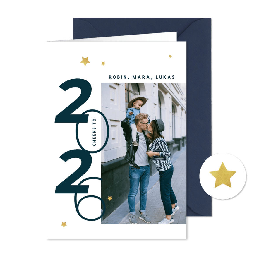 Nieuwjaarskaart typografisch foto goud sterren blauw - Kaartimpressie