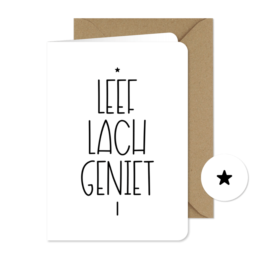 Nieuwjaarskaart typografisch leef lach geniet ster zwart wit - Kaartimpressie