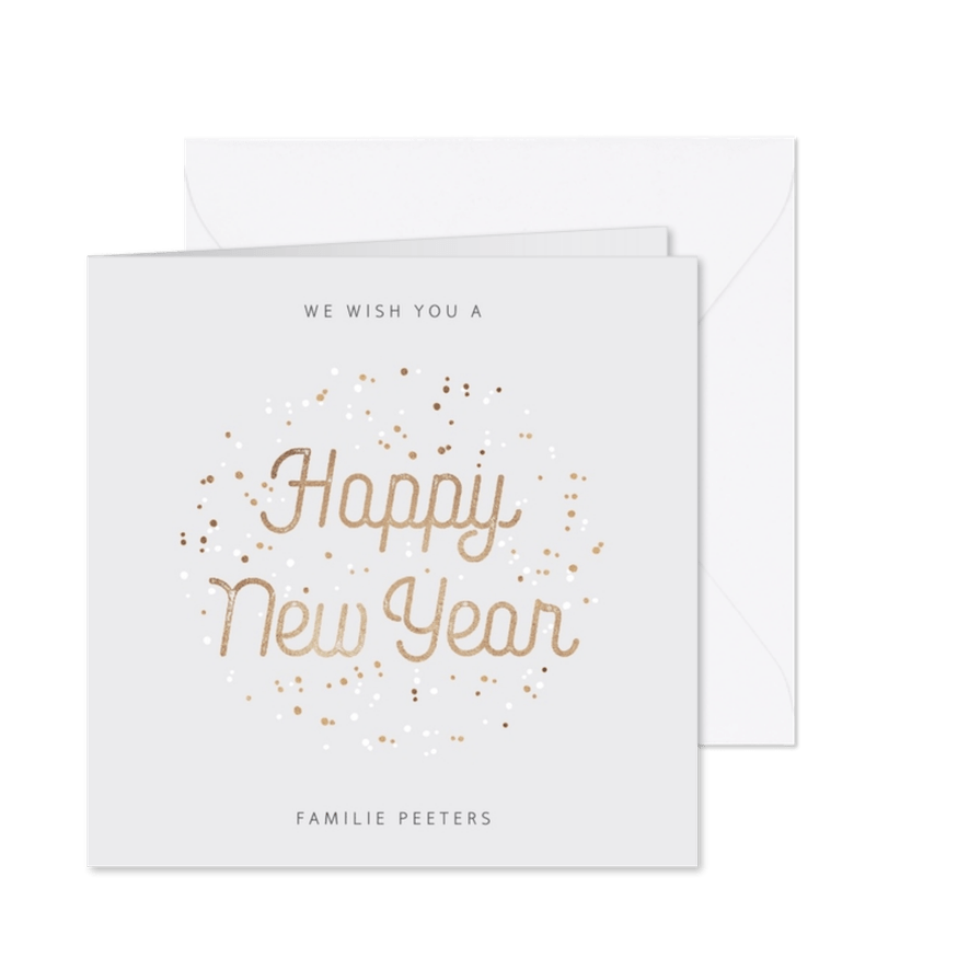 Nieuwjaarskaart typografisch met goudlook confetti - Kaartimpressie