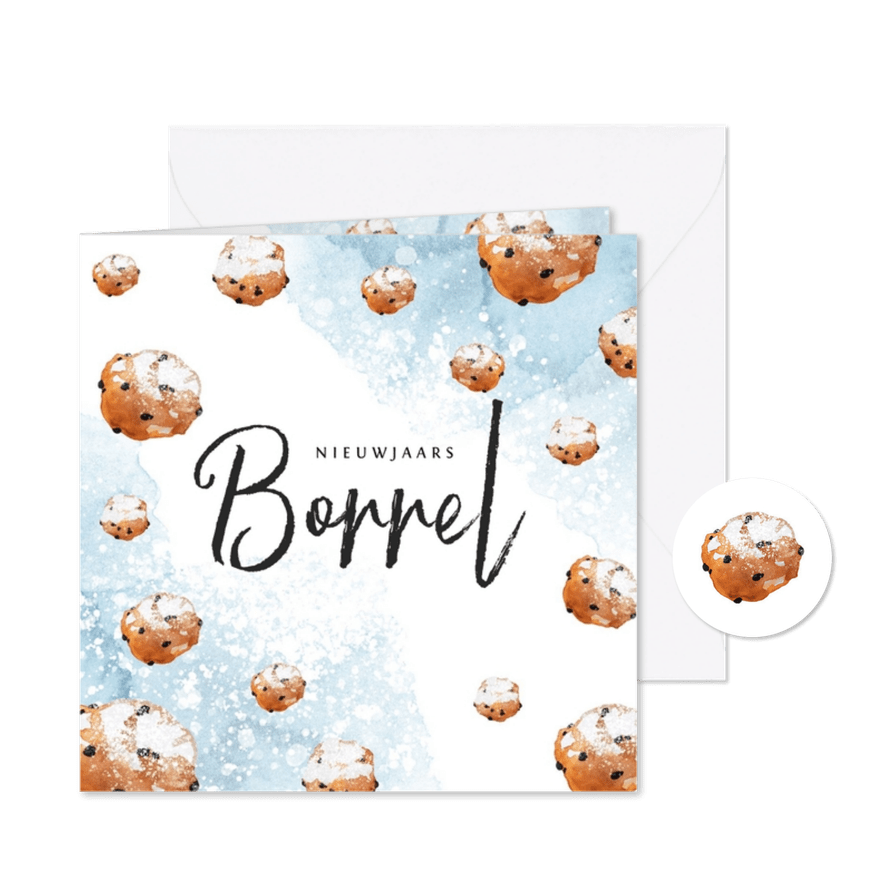 Nieuwjaarskaart uitnodiging borrel waterverf oliebollen - Kaartimpressie