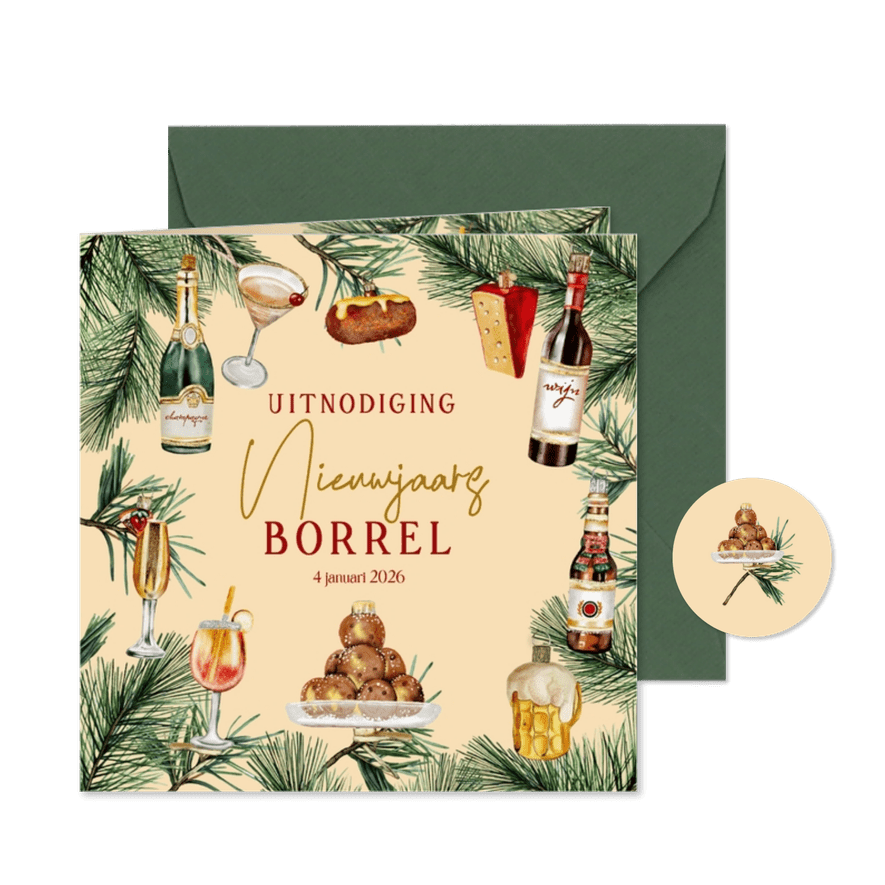 Nieuwjaarskaart uitnodiging ornamenten drank en hapjes - Kaartimpressie