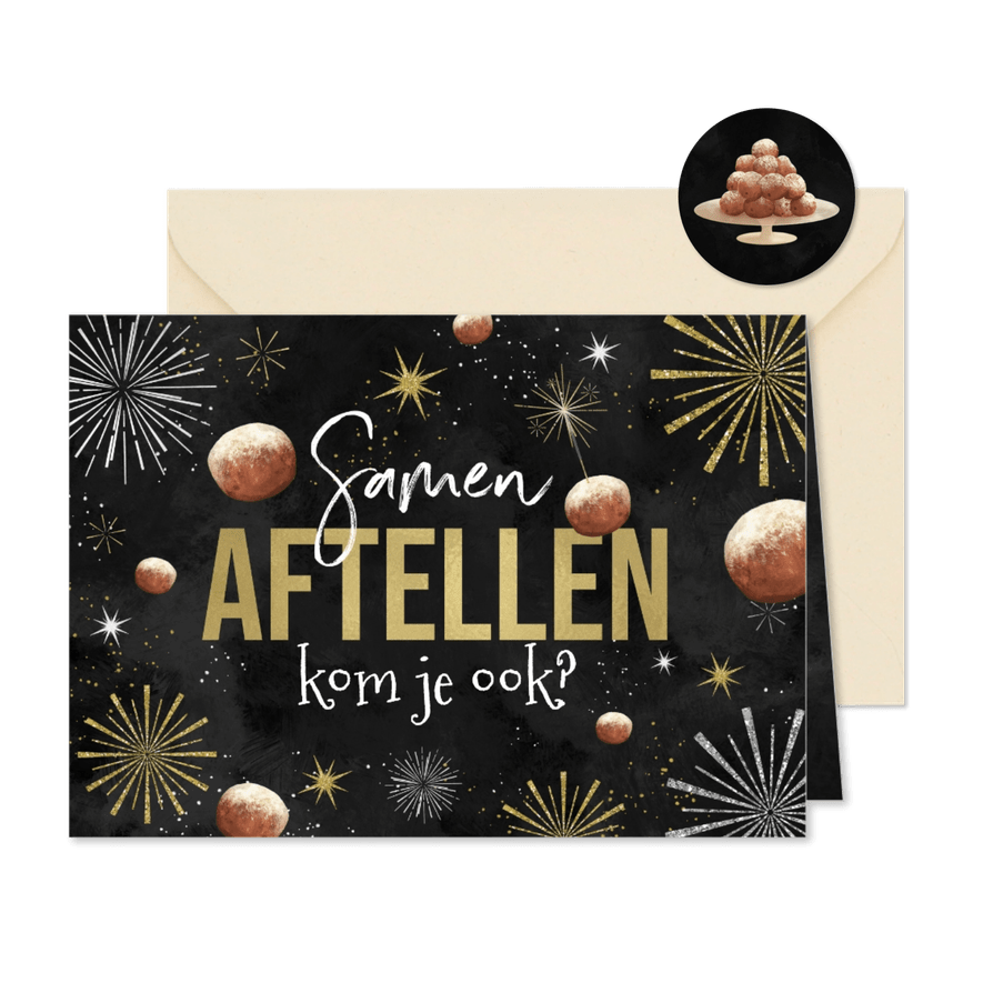 Nieuwjaarskaart uitnodiging oudejaarsavond vuurwerk oliebol - Kaartimpressie