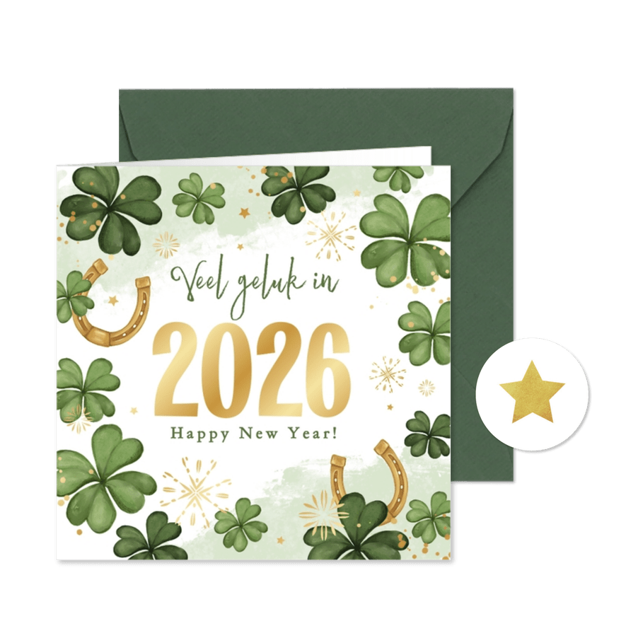 Nieuwjaarskaart veel geluk in 2026 klavertje vier hoefijzer - Kaartimpressie
