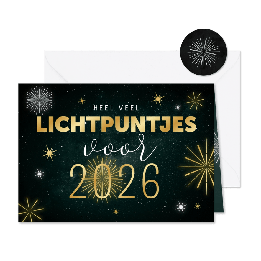 Nieuwjaarskaart veel lichtpuntjes in 2026 vuurwerk goud - Kaartimpressie