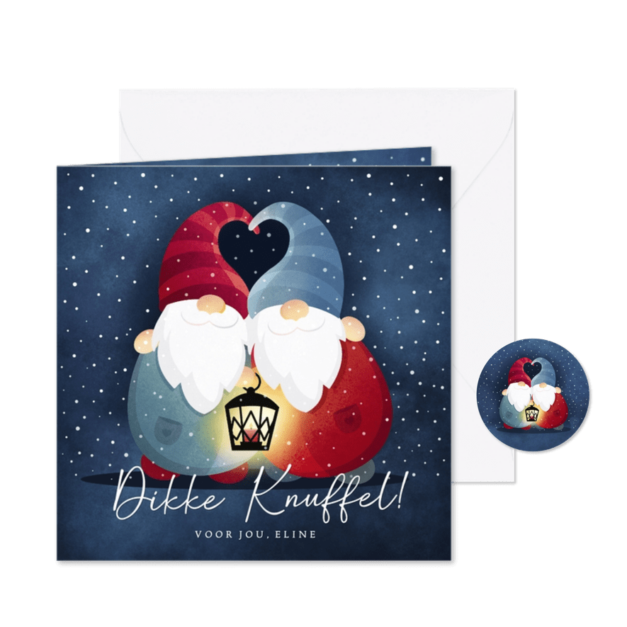 Nieuwjaarskaart veel sterkte kabouters met dikke knuffel - Kaartimpressie