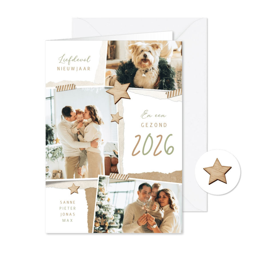 Nieuwjaarskaart vintage hout papier sterren fotocollage - Kaartimpressie