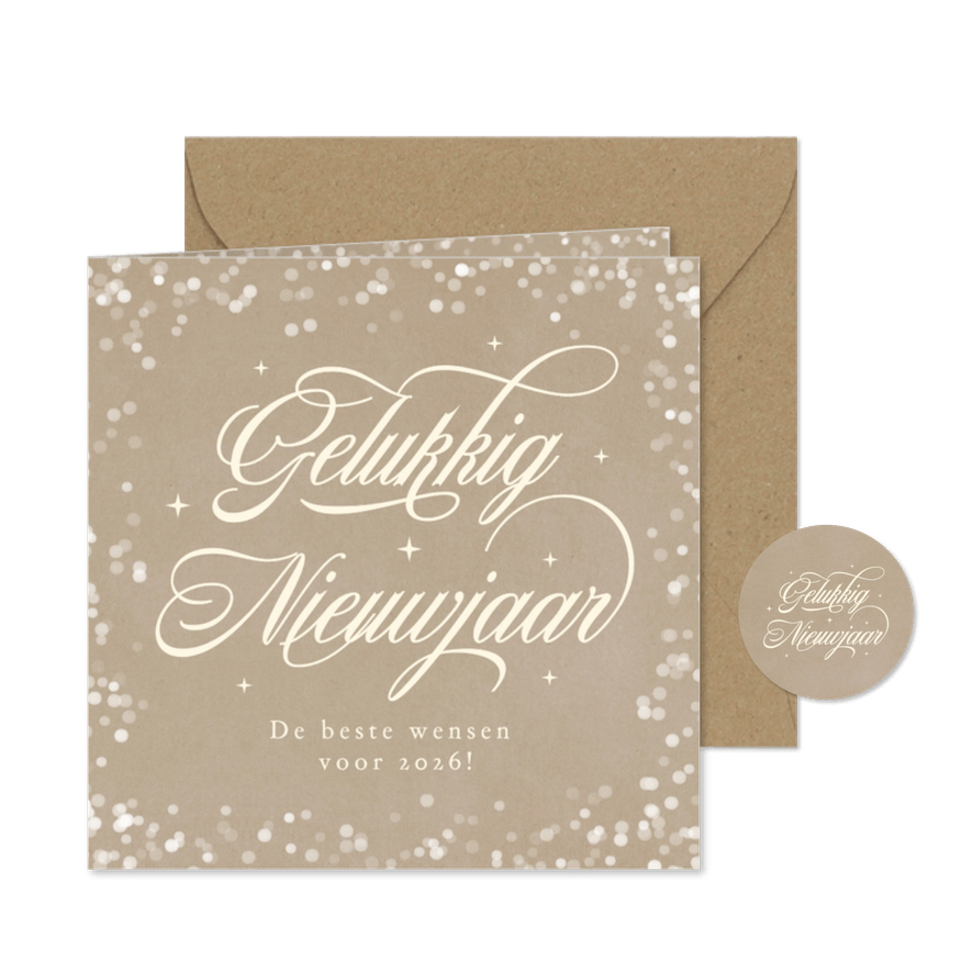 Nieuwjaarskaart vintage kraftlook met sierlijke tekst - Kaartimpressie